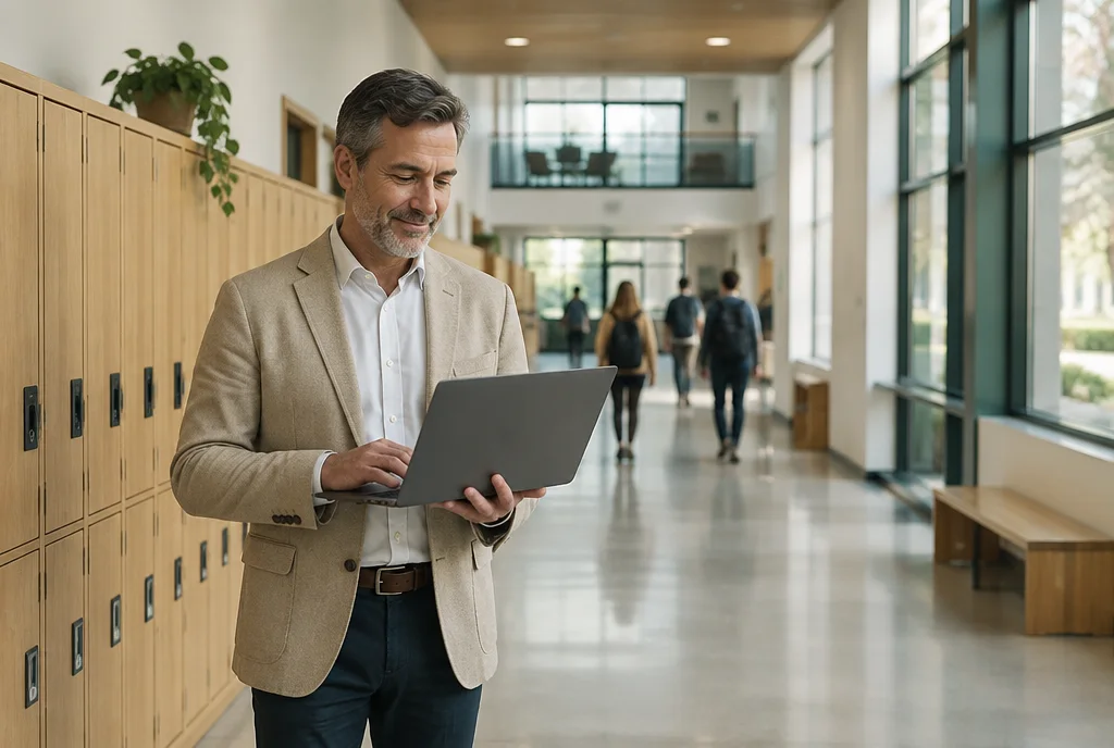 A school principal checking the school overview on a laptop in the hallway