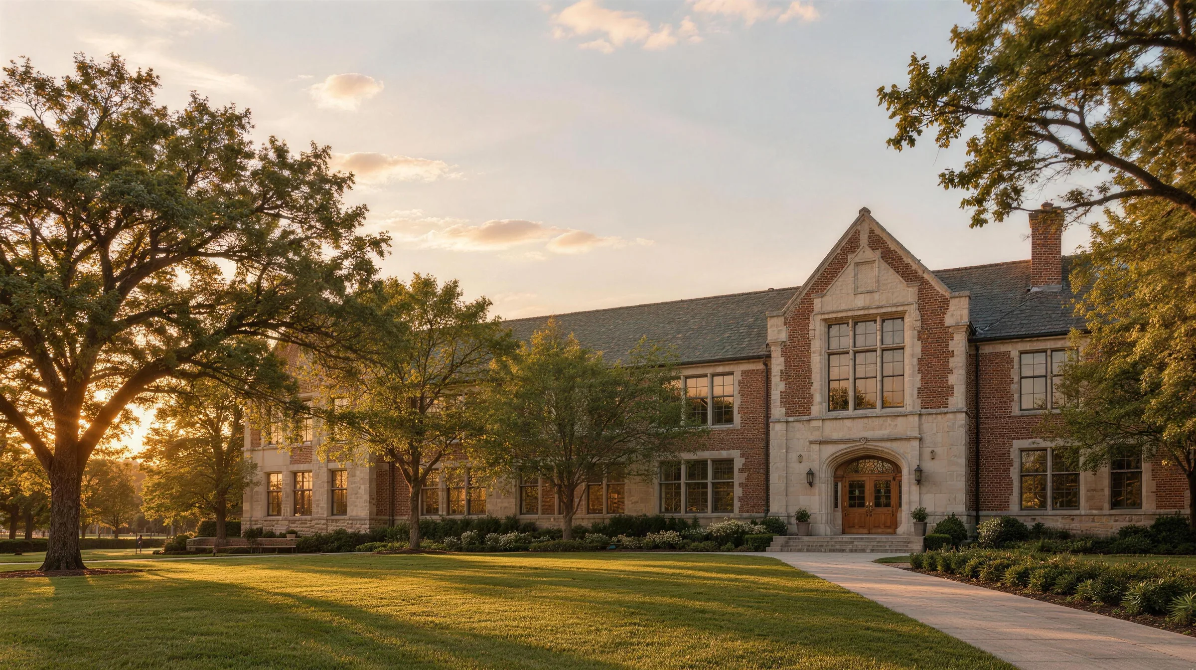 A small private school building at golden hour